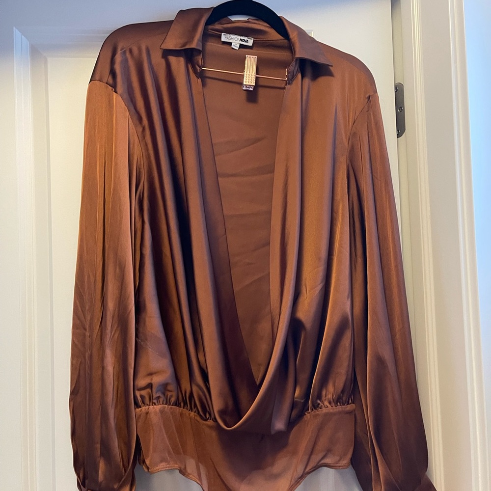 Deep Plunge Silk Brown Blouse